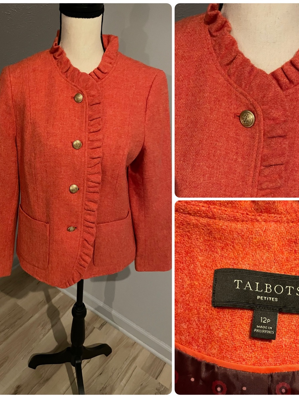 Talbots Petite Ruffled Collar Wool-Blend Jacket in Salmon Size 12P Lined New